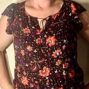 Old Navy Medium Sheer Linen Floral Red, Purple, Blue and Black Blouse